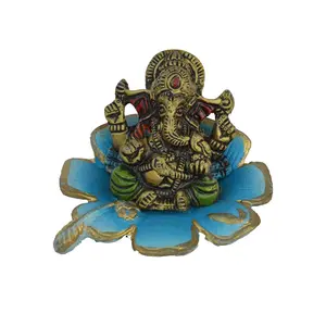 JAIPUR STONE WORK Metal Lord Ganesha Statue on Sky Blue Leaf (LxWxH - 4INx4INx3IN)