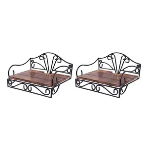 WOOD CRAFTS OF RAJASTHAN Exclusively Designed Wrought Iron & Wooden Set Top Box Stand || Wi-fi Router || TV Entertainment | Set Top Box Holder for Wall | Size - (9 x 7 x 4) inch (Set- 2 Pc.)