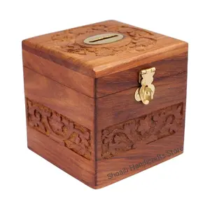 WOOD CRAFTS OF RAJASTHAN Wooden Money/Piggy Bank Money Box Coin Box with Carved Design for Kids/Children. with Lock (Wooden Money Bank Coin Storage Kids 14)