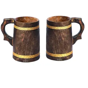 WOOD CRAFTS OF RAJASTHAN Wooden Beer Mug with Handle for Home Bar/Caf/Pubs/Party (with Melamine PU Waterproof Polish Brown 510 ml Set of 2 (Wooden Beer Mug with Handle Set of 2)