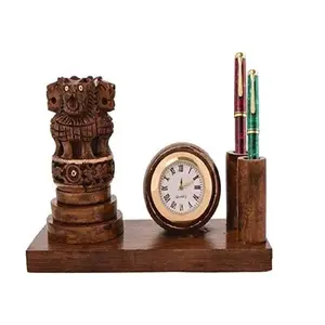 WOOD CRAFTS OF RAJASTHAN Wooden Handmade Carved Ashok stambha Pen Stand with Clock || Gift for Family & Friends Home Office Teachers Gift Thank You Gift House Warming New Year Promotion.