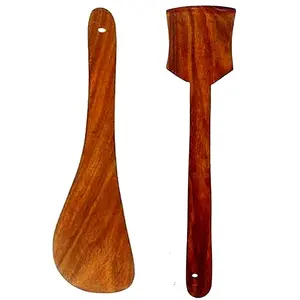 WOOD CRAFTS OF RAJASTHAN Wooden Spoons and Non Stick Spatula Set for Cooking|Flip (Palta for Dosa/Roti | Long Handle | Well Polished and Easy to Washable After Cooking of -2[Brown]