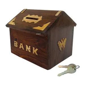 WOOD CRAFTS OF RAJASTHAN Handmade Wooden Piggy Bank | Wooden Money Box with Lock | Wooden Coin Box | Wooden Money Bank Coin Storage Bank for Kids and Adults Brown (Wooden Money Bank Coin Storage Kids 10)