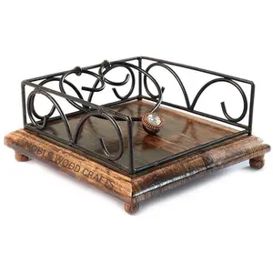 WOOD CRAFTS OF RAJASTHAN Wrought Iron and Wooden Napkin Holder for Dining Table Kitchen - Tissue Paper Stand for Restaurant Bathroom - Handmade Iron Tissue Box Brown