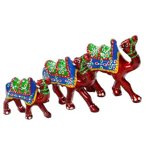 WOOD CRAFTS OF RAJASTHAN Paper Mache Handcrafted Decorative Camel Showpiece Idols Set of 3 (White-Red)