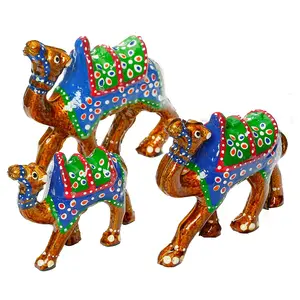 WOOD CRAFTS OF RAJASTHAN Paper Mache Handcrafted Decorative Camel Showpiece Idols Set of 3 (White-Orange)