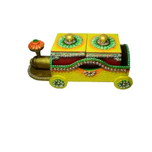 BIKANER GANGAUR IDOL Square Wood Handmade Small Train Shape Dry Fruit Box with 2 Box (Multicolour 10x7 inch)