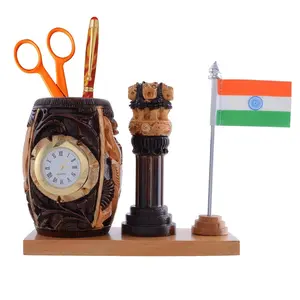 WOOD CRAFTS OF RAJASTHAN Wooden Ashok Stambh with Hand Craved Analogue Clock Pen Stand & Indian Flag | Gift for Family & Friends Home Office Teachers Gift Thank You Gift House Warming Promotion.