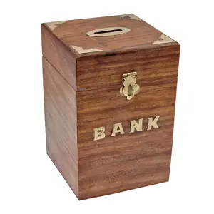 WOOD CRAFTS OF RAJASTHAN Handmade Wooden Piggy Bank - Money Bank - Coin Box - Money Box - Gift Items for Kids-Brown (Wooden Money Bank Coin Storage Kids)