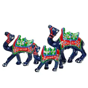 WOOD CRAFTS OF RAJASTHAN Paper Mache Handcrafted Decorative Camel Showpiece Idols Set of 3 (Maroon-Blue)