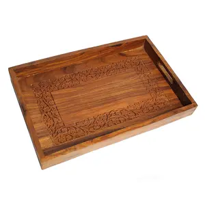 WOOD CRAFTS OF RAJASTHAN Rosewood Sheesham Wood Handmade & Handcrafted Wooden Carving Serving Tray (Carved Design) (Size: 12 inch x8 inch x2 inch)