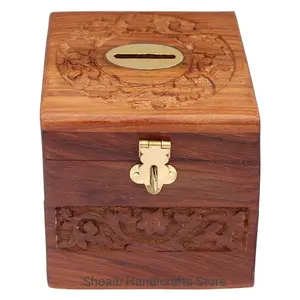WOOD CRAFTS OF RAJASTHAN Handmade Wooden Money Box with Lock | Wooden Coin Box | Wooden Money Bank Coin Storage Bank (Brown)... (Square 4 * 4)
