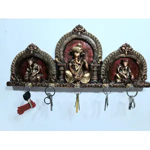 WOOD CRAFTS OF RAJASTHAN Ganesha with 2 Mushak Wall Hanging Key Holder Idol