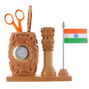 WOOD CRAFTS OF RAJASTHAN Wooden Ashok Stambh with Hand Craved Analogue Clock Pen Stand & Indian Flag | Gift for Family & Friends Home Office Teachers Gift Thank You Gift House Warming Promotion.