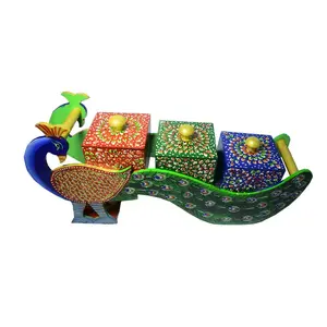 BIKANER GANGAUR IDOL Decorative Wooden Handmade Beautiful Peacock Shape Dry Fruit Box(15x7 inch)