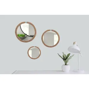 WOOD CRAFTS OF RAJASTHAN Antique Wall Mirror Sets for Living Room Vintage Wall Mirror for Bedroom Round Wall Mirror Hanging Wall Mount Mirror for Decoration Hallway Mirror Set of 3
