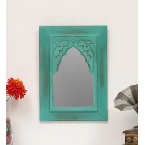 WOOD CRAFTS OF RAJASTHAN Vintage Carved Minaret Mirror (Teal)