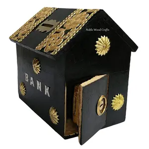 WOOD CRAFTS OF RAJASTHAN Handmade Wooden Beautiful Red Hut Shape Piggy Bank with Key Lock for Kids Money Bank and Coin Box