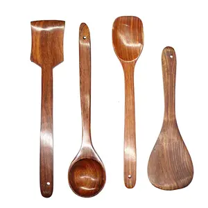 WOOD CRAFTS OF RAJASTHAN Premium Handmade Wooden Non-Stick Serving and Cooking Spoon Kitchen Tools Utensil Set of 4