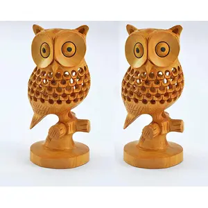 WOOD CRAFTS OF RAJASTHAN Wooden Owl Statue Showpiece || Gift for Clients Customers Family & Friends Home Office Thank You Gift House Warming New Year Promotion Gift