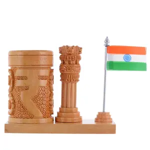 WOOD CRAFTS OF RAJASTHAN Wooden Rupee Pen Stand with Ashok Stambha & Indian Flag || Gift For Family & Friends Home Office Teachers Gift Thank You Gift House Warming New Year Promotion.