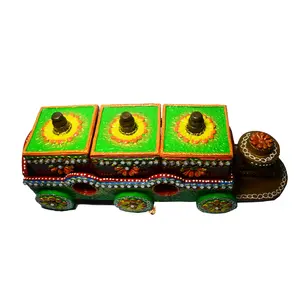 BIKANER GANGAUR IDOL Decorative Wooden 3 Boxtrain Shaped Dry Fruit Box(14x4 inch) Multi-Color