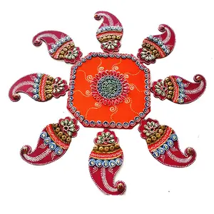 BIKANER GANGAUR IDOL Wooden Handmade Decorative Red Color Festival Rangoli (15x15 inch)