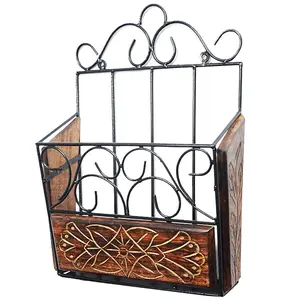 WOOD CRAFTS OF RAJASTHAN Wood And Wrought Iron MagazineNewspaper And Book Wall Rack/Wall Magazine Holders [ 38X28X11] Cm (Black & Brown)