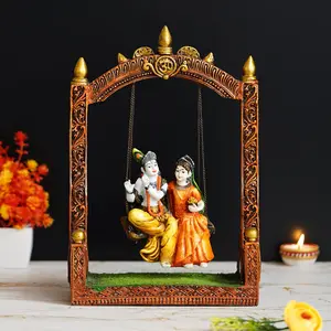 JAIPUR STONE WORK Colorful Radha Krishna on Swing Handcrafted Polyresin Figurine Orange Green Brown and White One Size (MSGK515)
