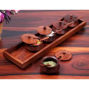 WOOD CRAFTS OF RAJASTHAN Wooden Serving Jars Set With Tray & Spoons Rectangular Mukhwas Set Dining Table Containers 60 Ml Pack of 1 Light Brown