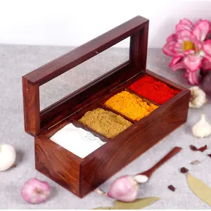 WOOD CRAFTS OF RAJASTHAN Wooden Spice Box For Kitchen Masala Dabba Masala Box Spice Masala Dabba Spice Jars 4 Large Partition With Spoon & on Top Glass Table Top Kitchen Storage Boxes Brown