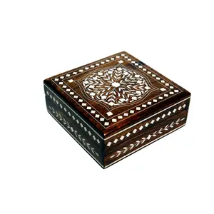 TARAKASHI Handmade Wooden Jewellery Box for Women Wooden Jewel Organizer Storage Box Hand Inlay with Intricate Inlay Gift Items - 6 inches square Medium size (Brown)