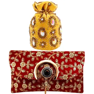 RAJASTHANI GOTA  PATTI PRODUCTS Velvet and Silk Jaipuri Clutch Handmade Handbag (Red Yellow)