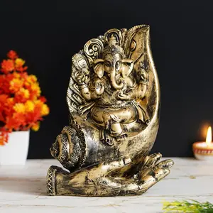 JAIPUR STONE WORK Lord Ganesha Sitting on a Hand Base Handcrafted Decorative Polyresin Figurine