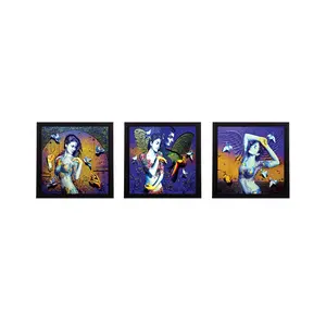 JAIPUR STONE WORK 'Beautiful Lady' UV Art Painting (Synthetic Wood 76 cm x 25 cm Set of 3 Satin Matt Texture)