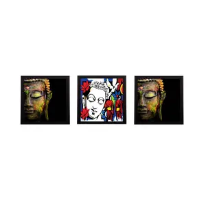 JAIPUR STONE WORK 'Lord Buddha' UV Art Painting (Synthetic Wood 76 cm x 25 cm Set of 3 Satin Matt Texture C3FPB1135_A)