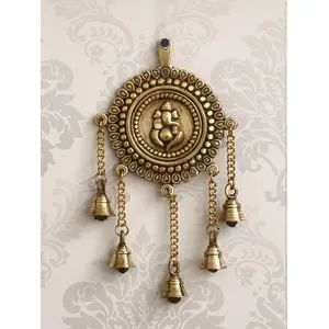 JAIPUR STONE WORK Lord Ganesha Decorative Brass Wall Hanging with 5 Bells Gold One Size (BGG519)