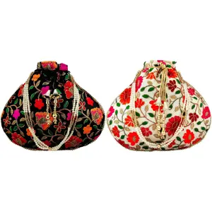 RAJASTHANI GOTA  PATTI PRODUCTS RAJASTHANI GOTA  PATTI PRODUCTS Rajasthani Style Silk Potli Velvet with Gota Patti Purse Handbag (Black)