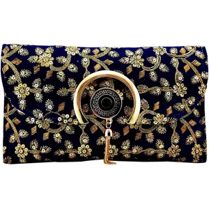 RAJASTHANI GOTA  PATTI PRODUCTS Designer Rajasthani Style Royal Velvet Gota Patti work Clutch for Women (Navy Blue)