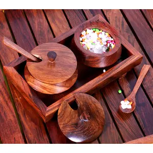 WOOD CRAFTS OF RAJASTHAN Wooden Serving Trays Jar Set with Tray and Spoon 60 ML 2 PiecesIn Sheesham Wood Brown Spice Condiment Box For Home Kitchen & Restaurants Dcoration