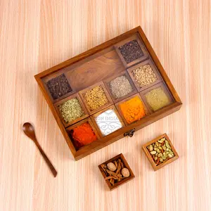 WOOD CRAFTS OF RAJASTHAN Wooden Masala Box for Kitchen Wooden Spice box 12 Containers With Spoon Container Jars for Kitchen Decor Masala Dabba NamakDani Multipurpose Decorative Box (Pack Of 1)
