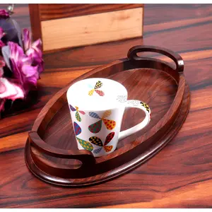 WOOD CRAFTS OF RAJASTHAN Sheesham Wood Serving Trays for Dining Table Oval Shape Tray for Breakfast Coffee Serving Tray Table Decor Gifts Pack of 1