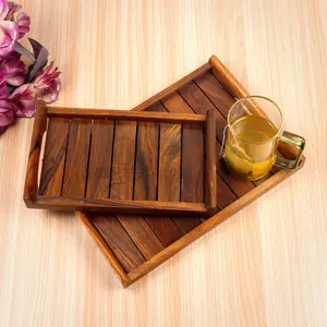 WOOD CRAFTS OF RAJASTHAN Sheesham Wood Serving Trays for Dining Table Rectangle Shape Tray for Breakfast Coffee Serving Tray Table Decor Gifts Set of 2