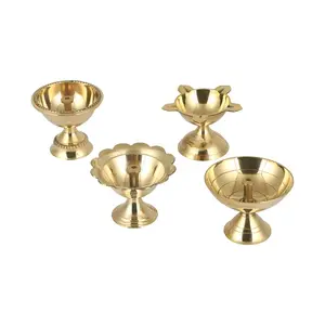 CHURU SILVERWARE Diya Set of 4 - Assorted Handcrafted Brass Diyas II Pooja Deepams or Deepak
