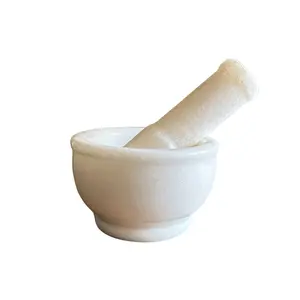 Pearl White Kundi Shaped Mortar Pestle Set or Ohkli Musal or Idi Kallu or Spice Grinder - Semi Polished - Small