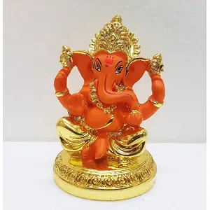 CHURU SILVERWARE Ceramic Ganesha Car Dashboard Idol 3 Inches Gold and Orange