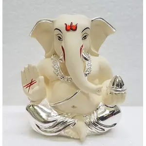 CHURU SILVERWARE Ceramic Ganesha Car Dashboard Idol 2 Inches Silver and Chandan