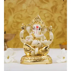 CHURU SILVERWARE Ceramic Lord Ganesh Idol 7X4X4 Cm Gold and Off White