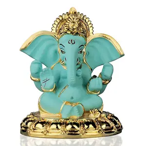 CHURU SILVERWARE Ceramic Gold Plated Terracotta Big Ear Ganesha Idol (Fluro Green 9 x 12) 1 Piece