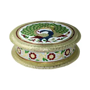CHURU SILVERWARE Wood Rajasthani Handicraft Peacock Design Round Dry fruit Serving Box (Multicolour 7.8 X 7.8 X 2.3 Inch)